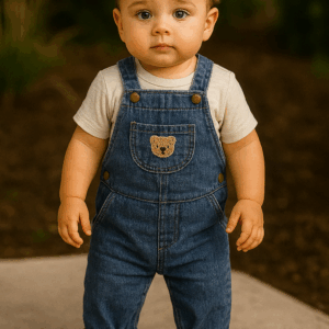 Jardineira Jeans Infantil com Bordado de Ursinho